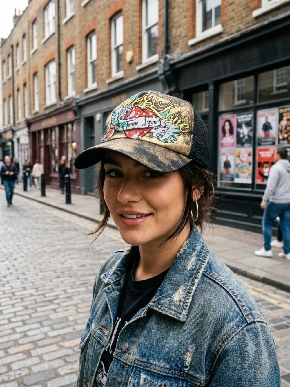 Stephanie Headwear Trucker Hat  Embroidered in Black and Gold - True Love